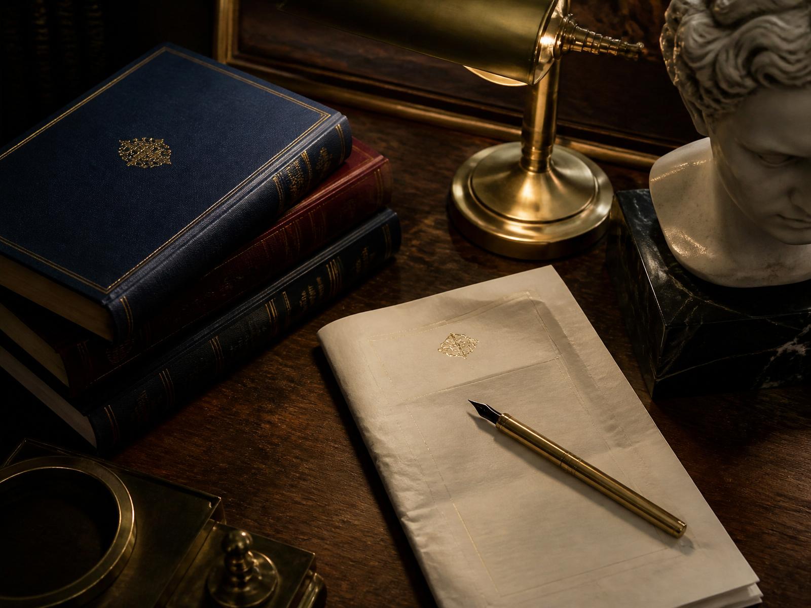 A stack of leather-bound volumes, a folded reading list, brass pen, and classical bust on a walnut desk — the material culture of formation.